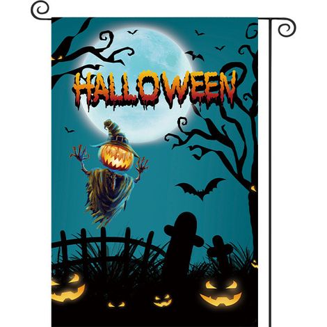 Bannière de jardin d'Halloween avec imprimé crâne, citrouille et visage de fantôme, en polyester, style américain, à suspendre en extérieur - 30 x 40 cm (polyester double face) - WSJ-18
