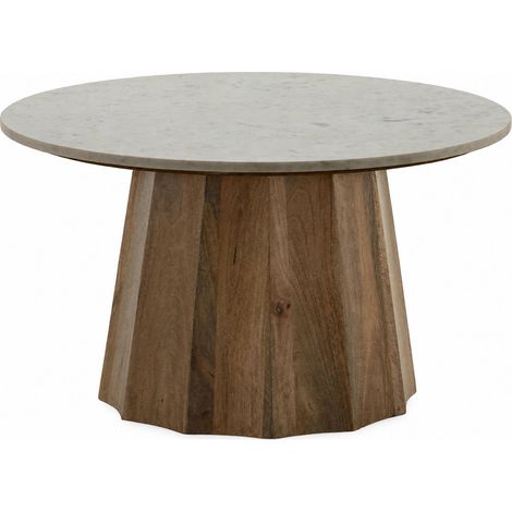 Table à café ronde marbre et bois de manguier - blanc et noyer (1/5)