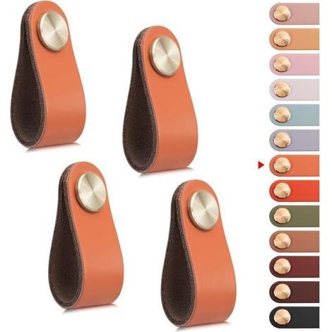4pcs Poignée Meuble Cuir, Bouton Porte Placard Poignee Cuir Bouton de Tiroir, Poignee de Meuble Vintage pour Armoires, Commode, Cuisine, Salle de Bain (Orange) (1/4)
