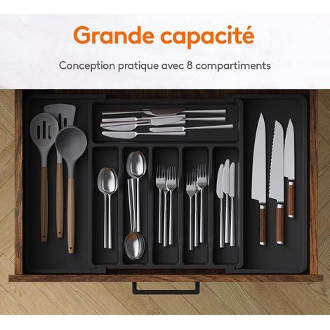Range Couvert, Plateau d'Ustensiles Extensible pour Tiroir, Organisateur de Tiroir Réglable pour la Cuisine, Rangement Compact en Plastique pour contenir des Cuillères, Fourchettes, Noir, (1/4)