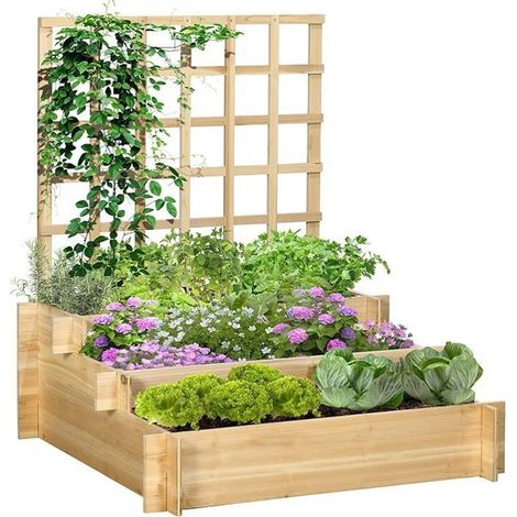 Carré Potager jardinière à 3 étages avec Treillis lit surélevé en Bois sans Fond pour Plantes grimpantes, légumes, Fleurs