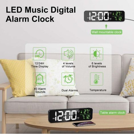 Réveil Numérique, Horloge Murale Réveil Matin LED Digital Miroir Grand Ecran avec Température Date, 2 Alarme, 40 Musique, 6 Luminosité Variable, USB Clock pour Maison Bureau, Noir (1/4)