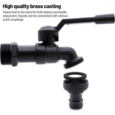 Robinet jardin laiton 3/4" noir - - Résistant gel (-20°C) et chaleur (120°C), raccords tuyau (1/4)