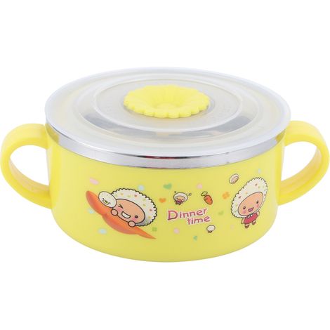 Assiette bébé enfant en acier inoxydable 304, bol alimentation avec couvercle, vaisselle jaune (1/5)