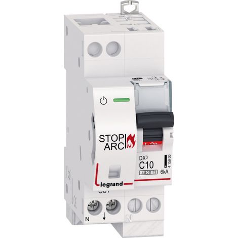 Disjoncteur DX STOP ARC 4500 6kA arrivée haute auto et sortie basse borne à vis 1P+N 230V 10A courbe C 2 modules (415900)
