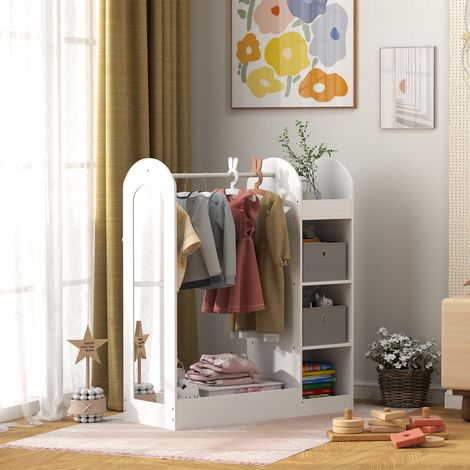 Porte-manteau enfant pour 3-8 ans avec étagères, 2 boîtes de rangement, tringle et miroir, capacité 30 kg, blanc (1/5)