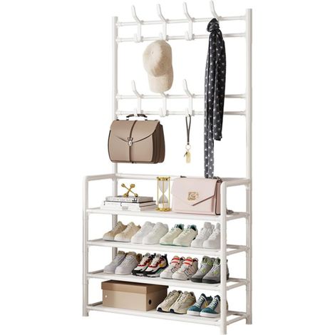 Porte-manteau métallique simple, porte-chaussures mural, porte-manteau de couloir, cintre de sol, rangement, armoire multifonctionnelle combinant chaussures et chapeaux, 80 cm, dos, 4 L (1/5)