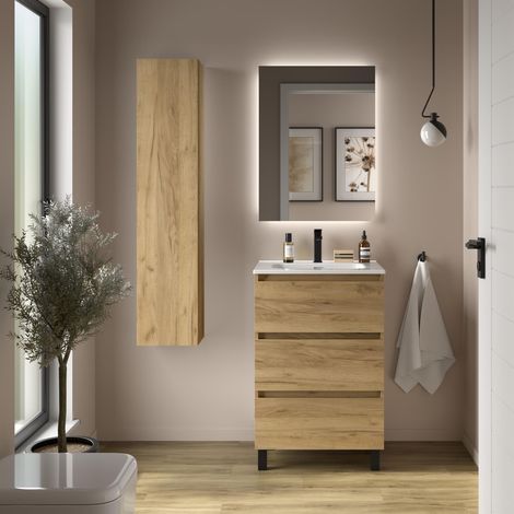 Cygnus Bath – Meuble de salle de bain BEQUIA 3C 60cm – Vasque en porcelaine blanche – Tiroirs à fermeture amortie – MDF résistant à l’humidité (1/5)