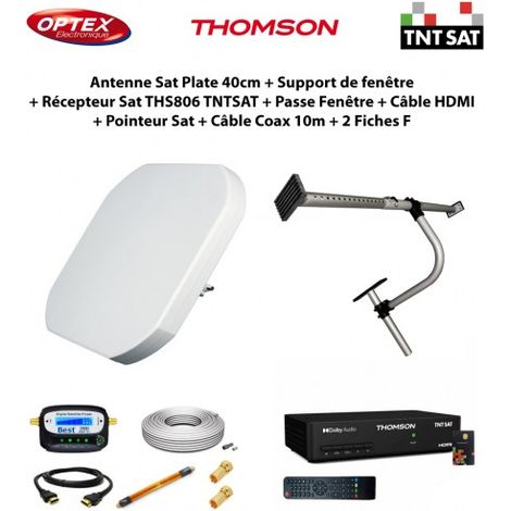 Antenne Sat Plate 40cm + Support de fenêtre + Récepteur Sat THS806 TNTSAT + Passe Fenêtre + Câble HDMI + Pointeur + Câble Coax 10m (1/5)
