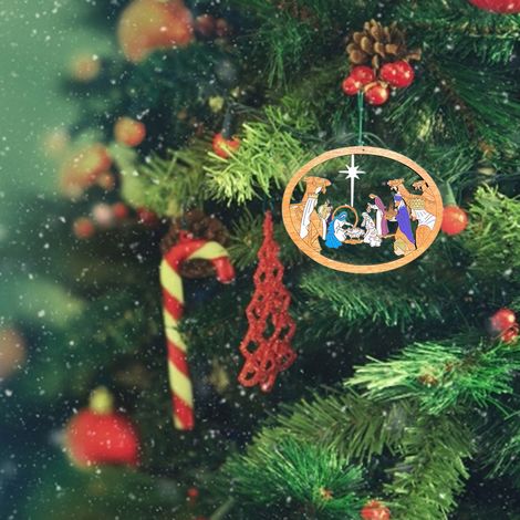 Bunte, ausgehöhlte Krippenfigur als Anhänger für den Weihnachtsbaum aus Holz – Weihnachtsdekoration zum Aufhängen an Türen und Fenstern (1/3)