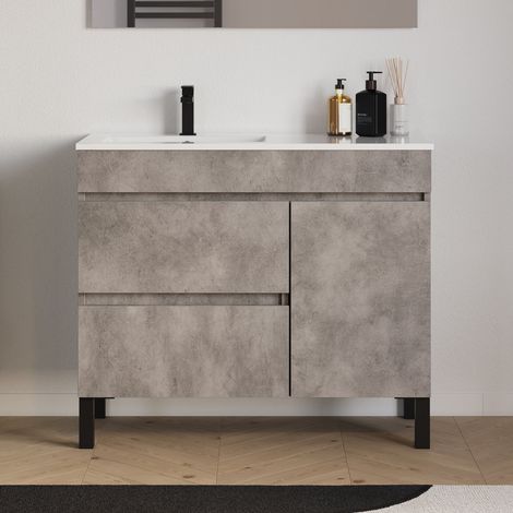 Meuble de salle de bain 100cm sur pieds avec vasque déportée à gauche - sans miroir - porte et tiroirs - ciment (gris) - LAZARO (1/5)