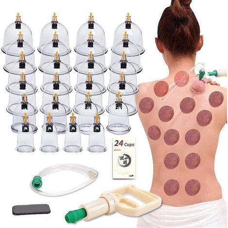 Kit de ventouses, 24 ventouses avec pompe à vide pour massage corporel, soulagement de la cellulite et des douleurs dorsales. (1/5)