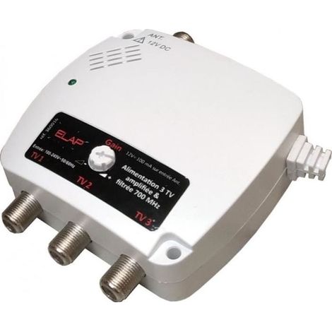 Alimentation amplifiée filtrée - ELAP - 360016 - 3 sorties TV - Filtre 4G LTE 700 MHz - Gain réglable +/-15 dB