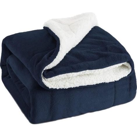 TH Couverture Polaire Sherpa Bleu Marin 130x160cm - Couverture de Lit Double Face Douce et Chaude Plaid Jeté de Canapé Flanelle (1/4)