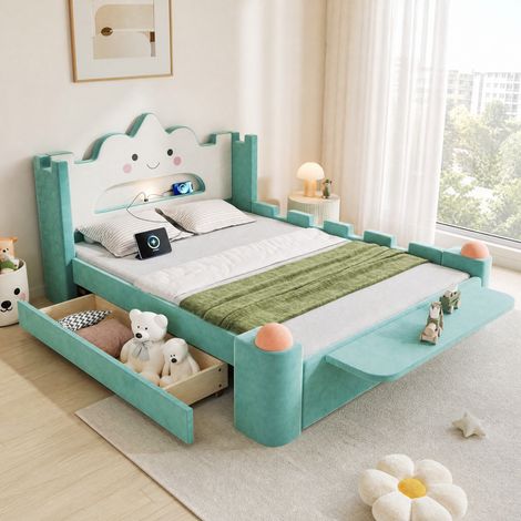 Cama infantil tapizada 140x200 con cajón, LED, USB y estante abatible azul verdoso DESVIAE (1/5)