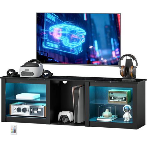 Meuble TV LED 160cm noir pour téléviseur jusqu'à 65 pouces, étagères et verre réglables