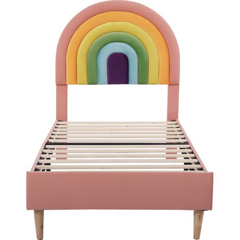Cama tapizada 90 x 200 cm en terciopelo rosa con somier de láminas, cabecero regulable, HOMVRA (1/5)