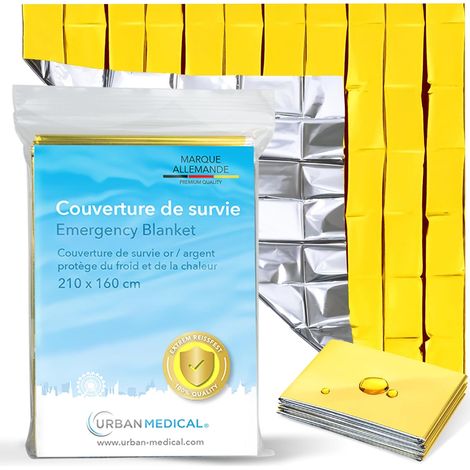 Couverture de survie Premium - Protection contre le froid & la chaleur - Couverture d'urgence double face or/argent - Grande feuille de survie pour les premiers secours 210x160cm 1 pièce (1/5)