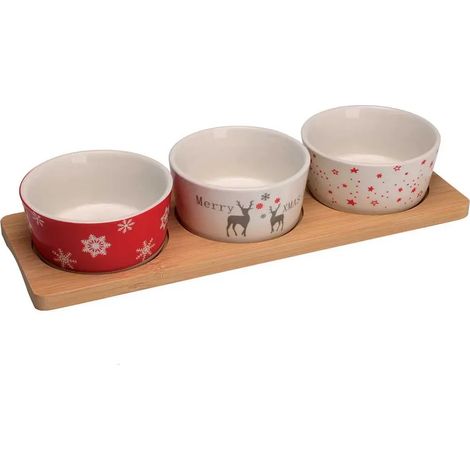 3 bols porcelaine Noël 8x4cm + plateau bambou 29x12cm (1/4)