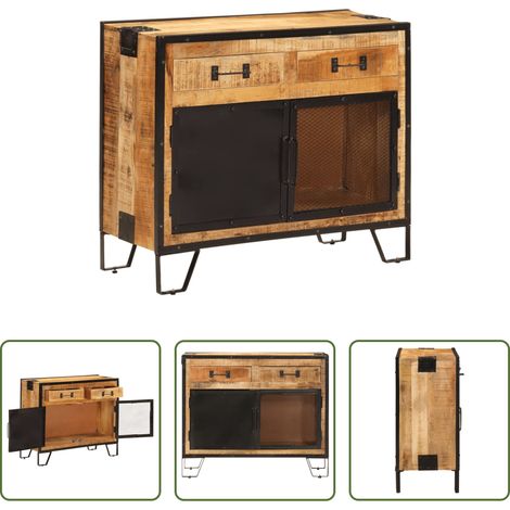 Rangement - Buffet 80x31x66 cm bois de manguier brut massif et métal (1/5)