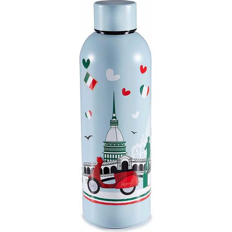 Borraccia a bottiglia termica in acciaio inox con capienza 550 ml e stampa Italia, set da 3 pezzi, Ø 7 cm x 23 H