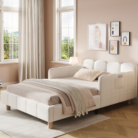 Letto singolo 103.4x54.79x30 cm, struttura monoblocco, testiera ergonomica, tasche laterali, velluto beige (1/5)