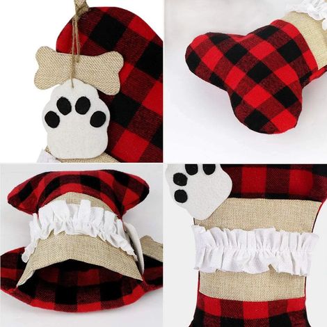 Chaussettes de Noël pour chiens, lot de 2, chaussettes de Noël à carreaux Buffalo, grandes chaussettes décoratives en forme d'os à suspendre. (1/5)