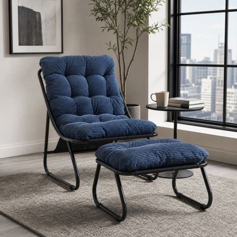 Fauteuil de détente d’extérieur 65x78x86 cm en acier noir, avec ottoman, pour salon – MEUBLIV (1/5)