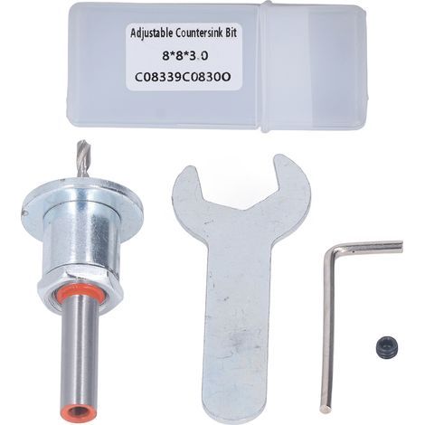 Broca avellanadora de acero aleado con tornillo autorroscante cónico y tope de profundidad ajustable para instalación en madera. (1/5)