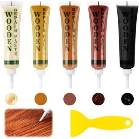 Kit de Réparation de Meubles en Bois, 5 Couleurs Pate a Bois Rebouchage Pour Érable, Teck, Acajou, Noyer et Noir, Réparation De Rayures pour rayures, trous, taches, fissures, facile à utiliser (1/5)