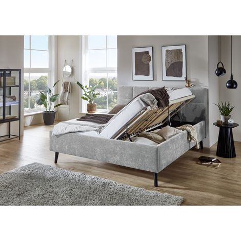 Meise Möbel Stauraumbett Nova 180x200 cm Doppelbett Bettkasten & Lattenrost (Federholzrahmen) Webstoff Grau Holzfuß schwarz (1/5)