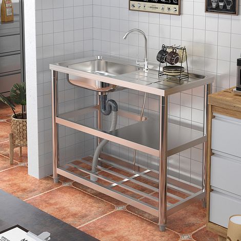 Silver 98 cm Stainless Steel One Compartment Sink with Shelves and Drainboard (1/5)