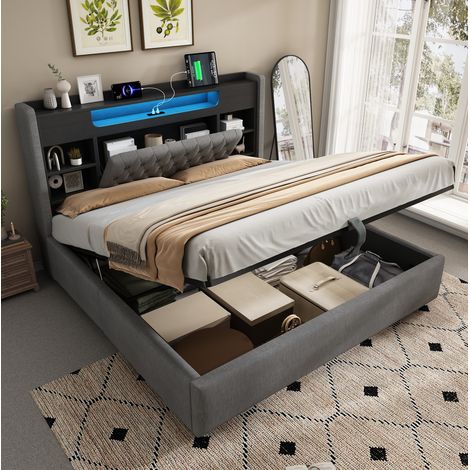 DESVIAE Lit rembourré 160 x 200 cm avec rangement hydraulique LED USB USB C tête de lit avec étagère en tissu de lin gris (1/5)
