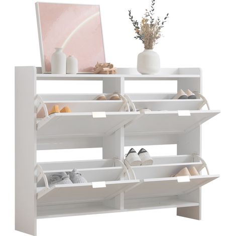 ELVMI Schuhschrank mit 4 Klappenfächern und Verstellbaren Einlegeböden, Offenem Fach für Flur, aus Spanplatte, 110 × 24 × 90 cm, Weiß (1/5)