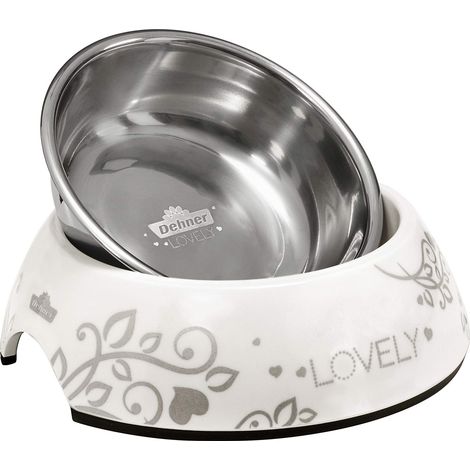 Gamelle pour Chat, Ø 14 cm, Hauteur 4,7 cm, 160 ML, Passe au Lave-Vaisselle, Mélamine/Acier Inoxydable/Caoutchouc, Blanc