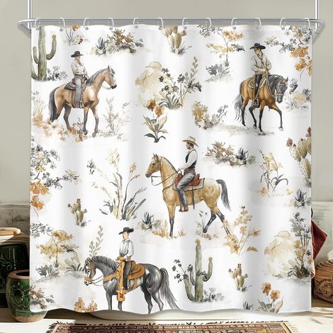 Rideau de douche western cowboy 183 cm x 183 cm, décoration de salle de bains américaine rétro rustique, cheval sauvage, désert, cactus, ferme, décoration de maison, accessoires de bain (1/5)