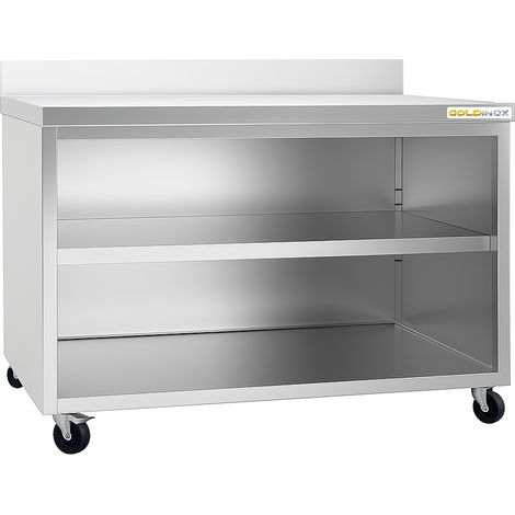 Meuble bas inox ouvert 1200x600 mm adossé sur roulettes PREMIUM - GOLDINOX (1/4)