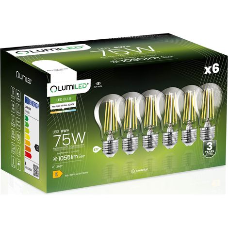 6x LED-Lampe E27 A60 8W = 75W 1055lm 4000K Neutralweiß 360° Glühfadenbeleuchtung