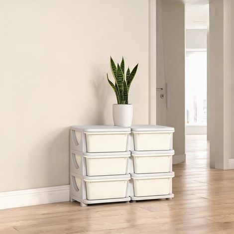 Meuble de rangement enfant 6 tiroirs en plastique blanc cassé (1/5)
