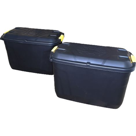 2 x 110L Heavy Duty Trunk on Wheels Sturdy, Lockable, Stackable and Nestable Design Storage Chest with Clips in Black (1/5)