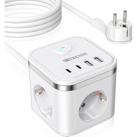 Bloc multiprise avec USB, 3 prises multiprises avec interrupteur, multiprise avec 2USB-A et 2USB-C, répartiteur de prise 7 en 1 avec câble de 2 m, prise plate pour bureau, voyage, blanc (1/5)