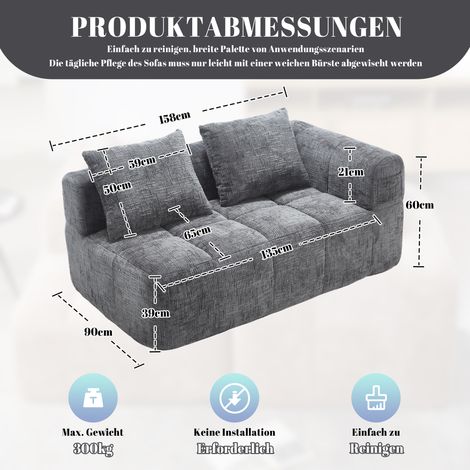 Canapé 2 places confortable, sans montage, moelleux avec coussins, poches latérales télécommande/téléphone, design élégant, gris (1/4)
