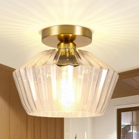 Plafonnier en verre E27, abat-jour transparent strié diamant 25x19 cm, sans ampoule, lampe de plafond entrée, couloir, chambre - Cuivre (1/5)