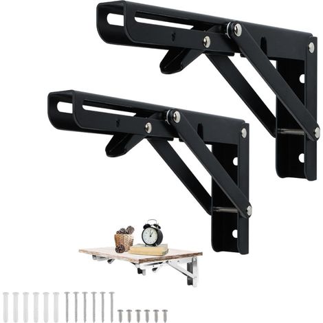2Pcs 200mm Black Wall Mounted Folding Bracket, Folding Console Bracket Heavy Duty Folding Shelf Brackets for Garage Workbench (1/5)