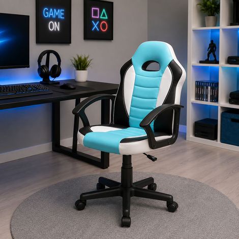 Sedia con ruote Miranda, Poltrona da gaming ragazzo, Sedia da scrivania, 56x55h89/100 cm, Azzurro e Bianco (1/4)