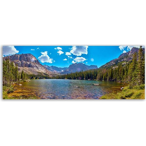 Tableau panoramique lac alpin et forêt sous ciel bleu (1/5)