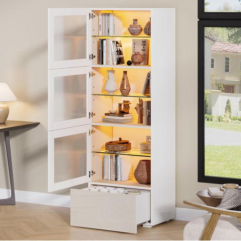 Vetrina 60x40x173 cm bianca in MDF e vetro temprato con LED, 3 ante in acrilico e 1 cassetto