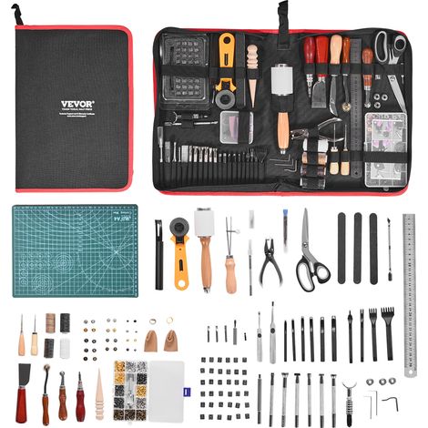 VEVOR Kit di Utensili per Lavorazione della Pelle, 61 Pezzi, Utensili per Lavorazione della Pelle con Borsa Portaoggetti Portatile in Tela, per Incisione, Punzonatura, Cucito, Timbratura, Levigatura