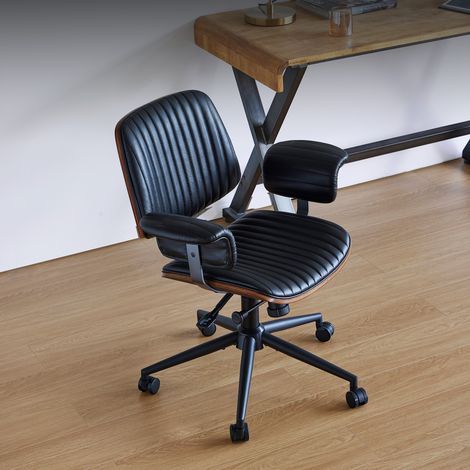 Fauteuil de bureau ergonomique en cuir, à roulettes et accoudoirs en chêne, siège pivotant réglable en hauteur pour dirigeants. (1/5)