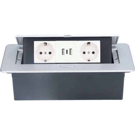 Prise de sol escamotable encastrée 2 USB avec Type-C, socle électrique à ressort lent, boîtier acier inox, panneau PC anti-flamme 16A IP40 (1/5)